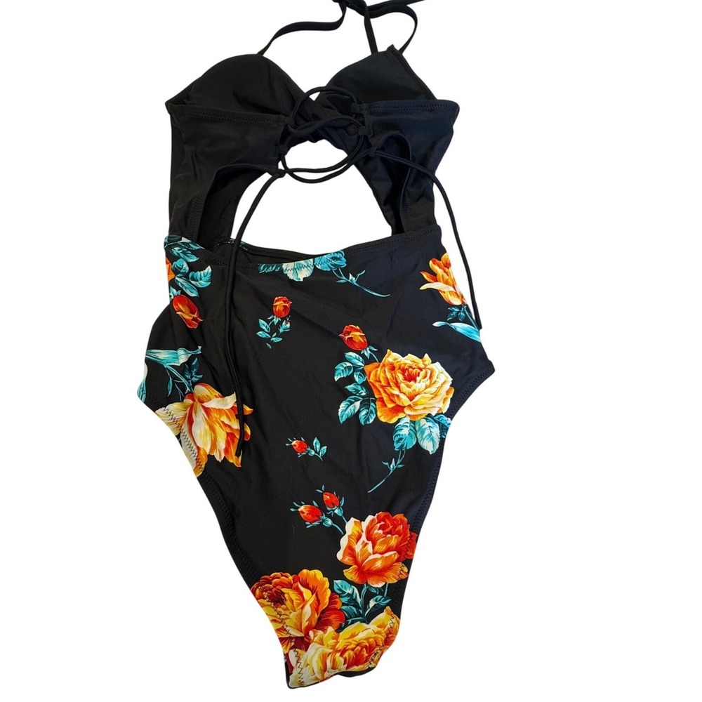 CUPSHE Women Black Floral Print One Piece Swimsuit Halter Cutout Size S - Picture 4 of 8